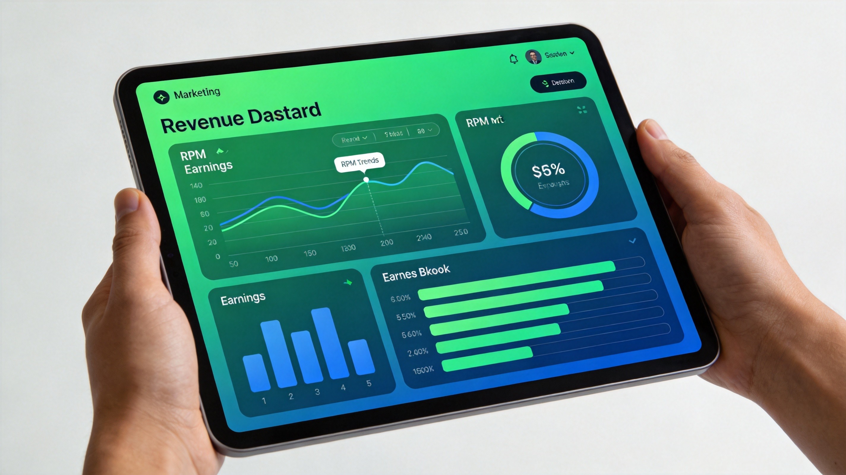 AdSense revenue dashboard with RPM metrics and earnings breakdown