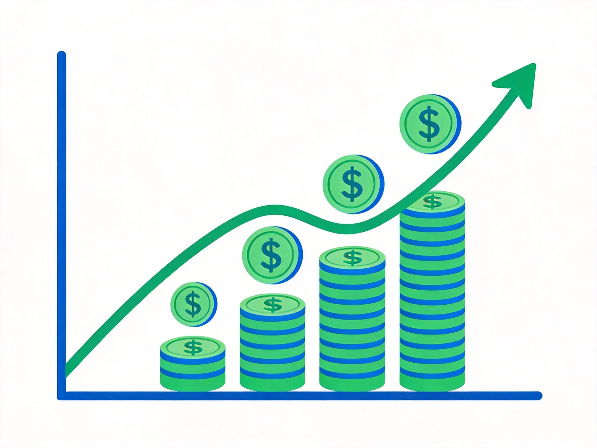Compound interest illustration showing growth curve with stacked coins and money symbols