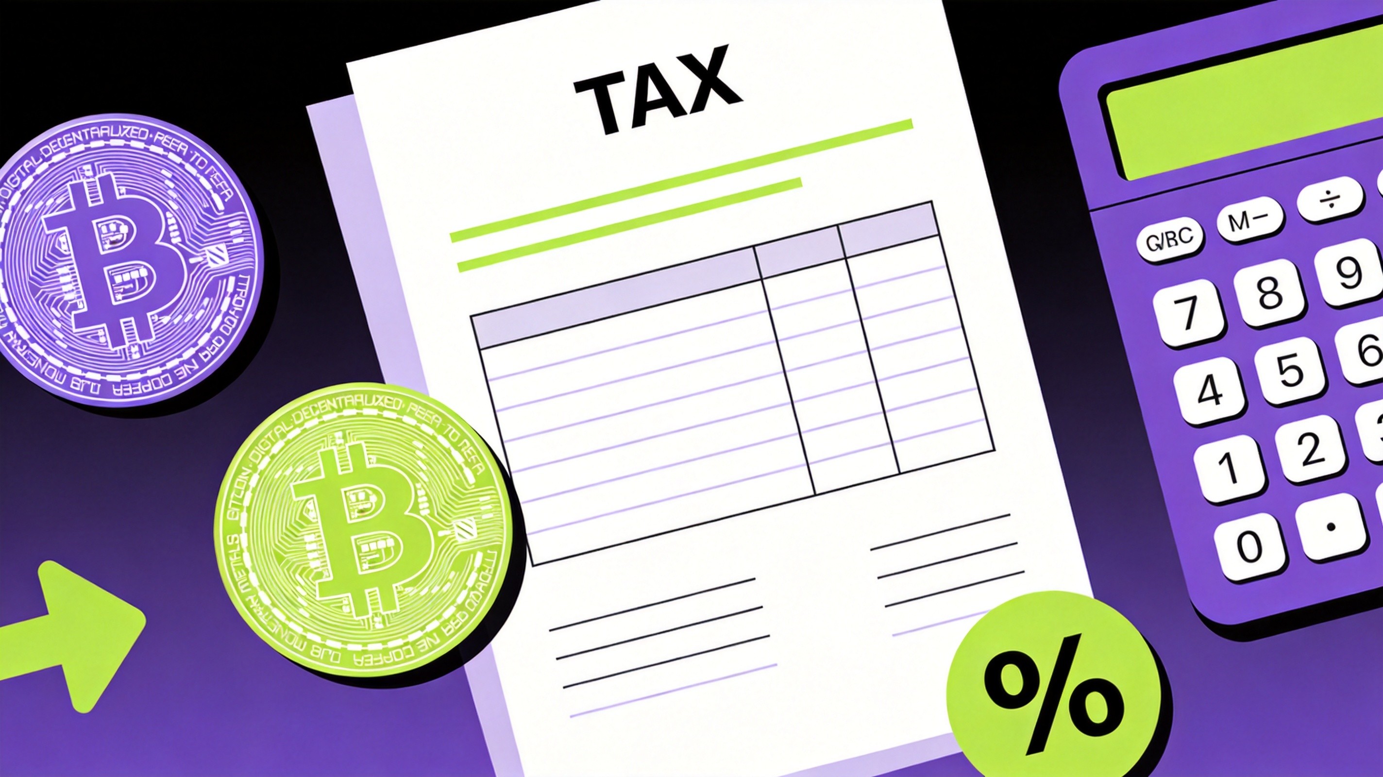 Cryptocurrency tax illustration with coins, calculator and tax documents