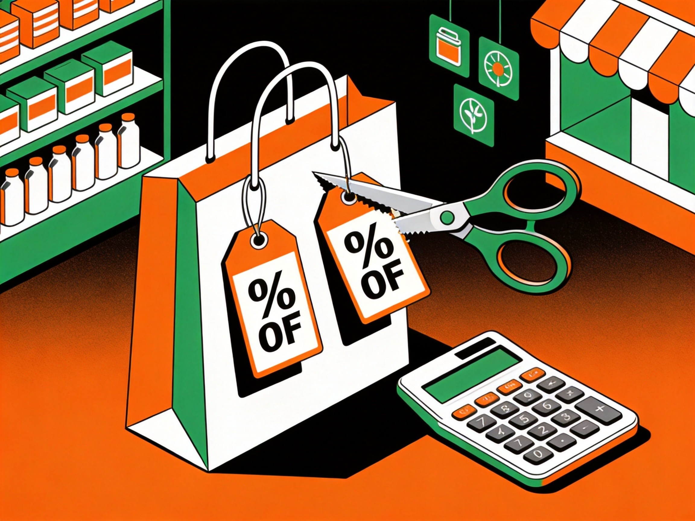 Shopping discount concept with percentage tags, calculator and retail elements