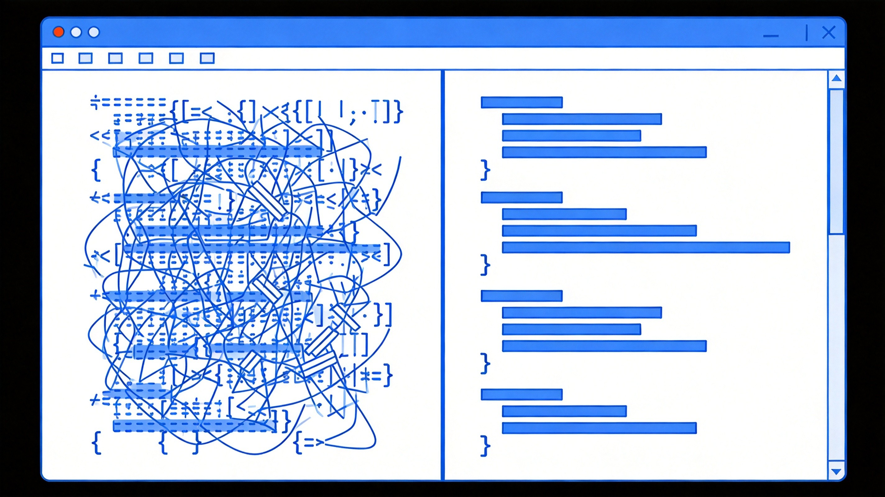 Code editor illustration showing messy JSON on left and formatted JSON on right