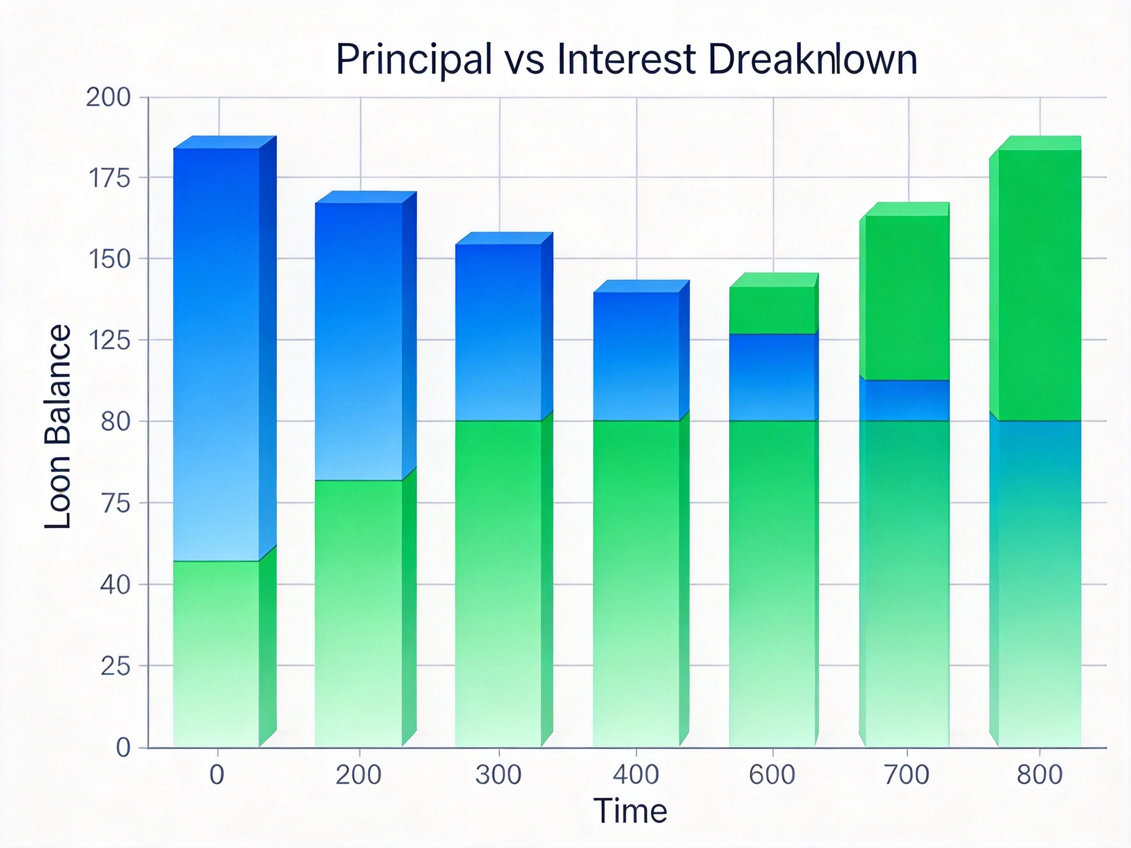 Loan amortization chart showing principal vs interest breakdown over time