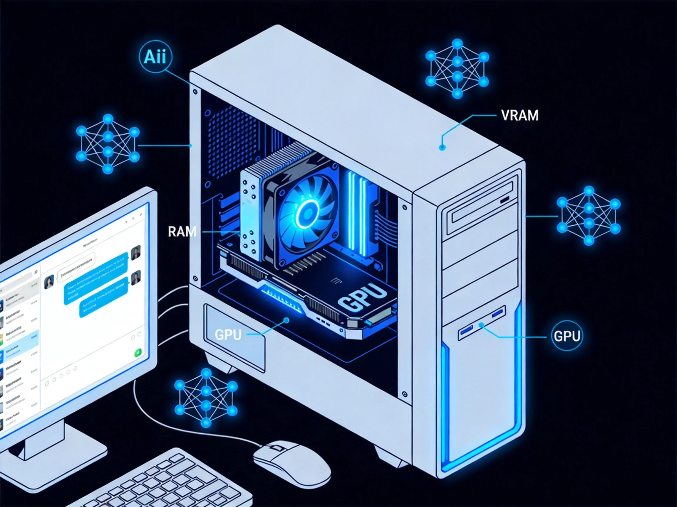 Desktop computer with glowing GPU running local AI models, showing VRAM and RAM requirements