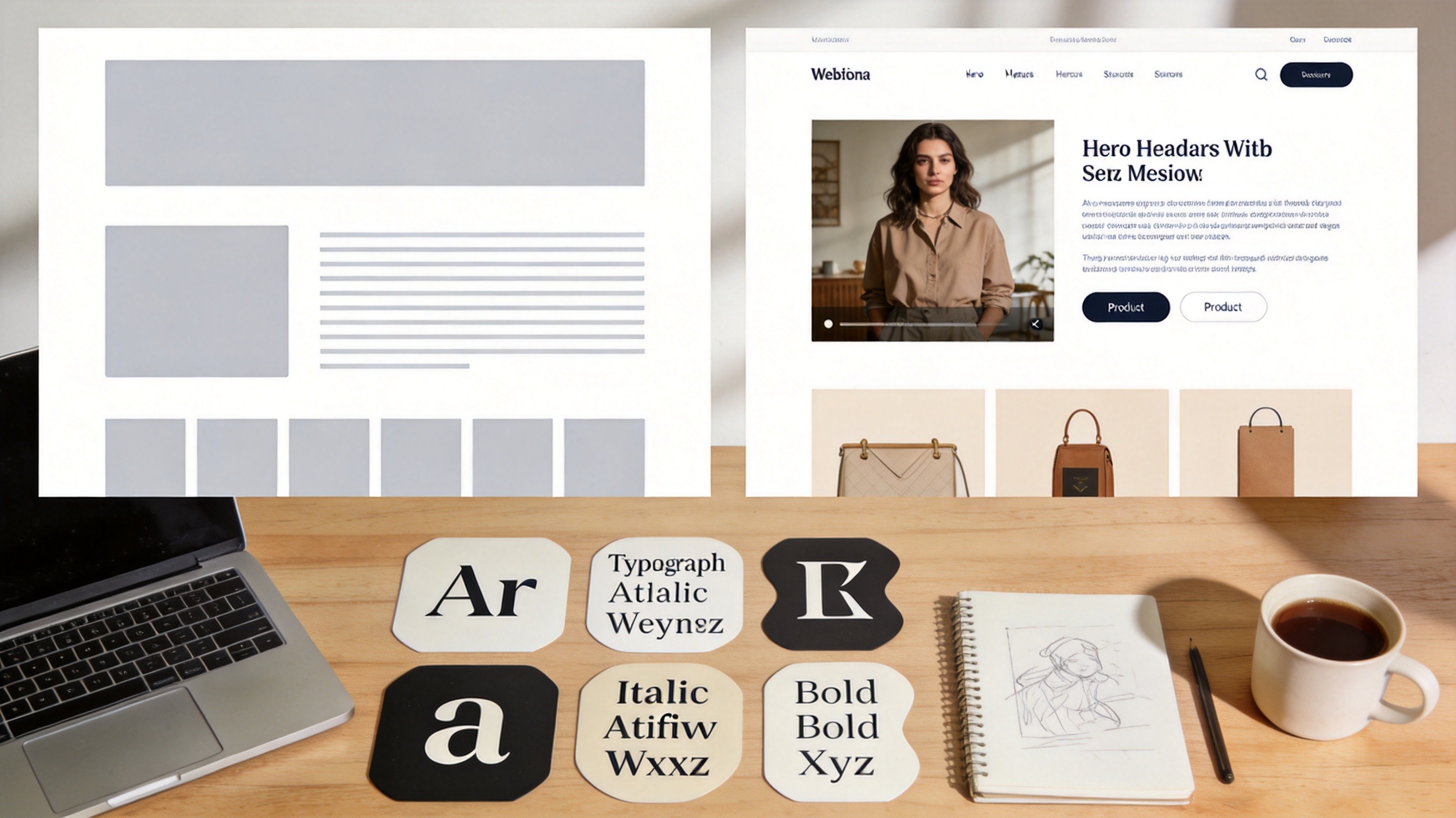 Design mockup transitioning from placeholder text to real content