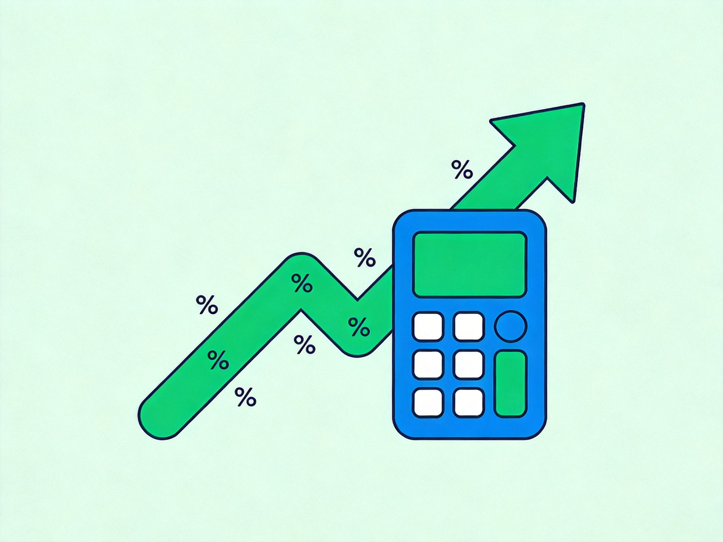 ROI calculation illustration showing upward trend arrow with calculator and percentage symbols