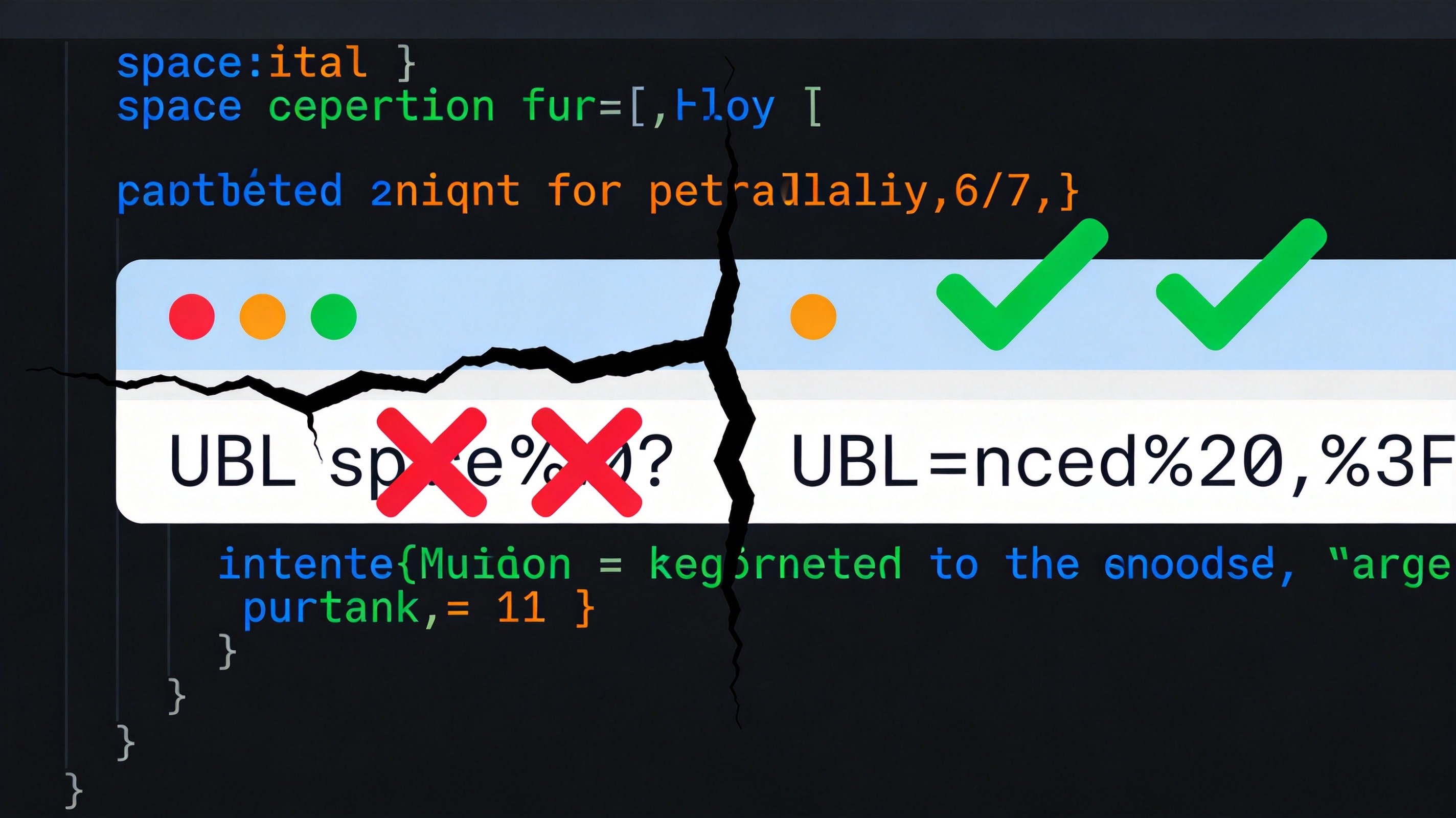 URL encoding illustration showing broken URL with special characters being fixed through percent-encoding
