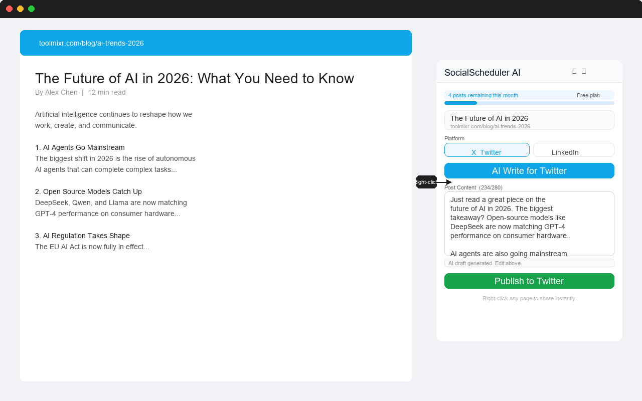 SocialScheduler AI popup showing AI-generated post content