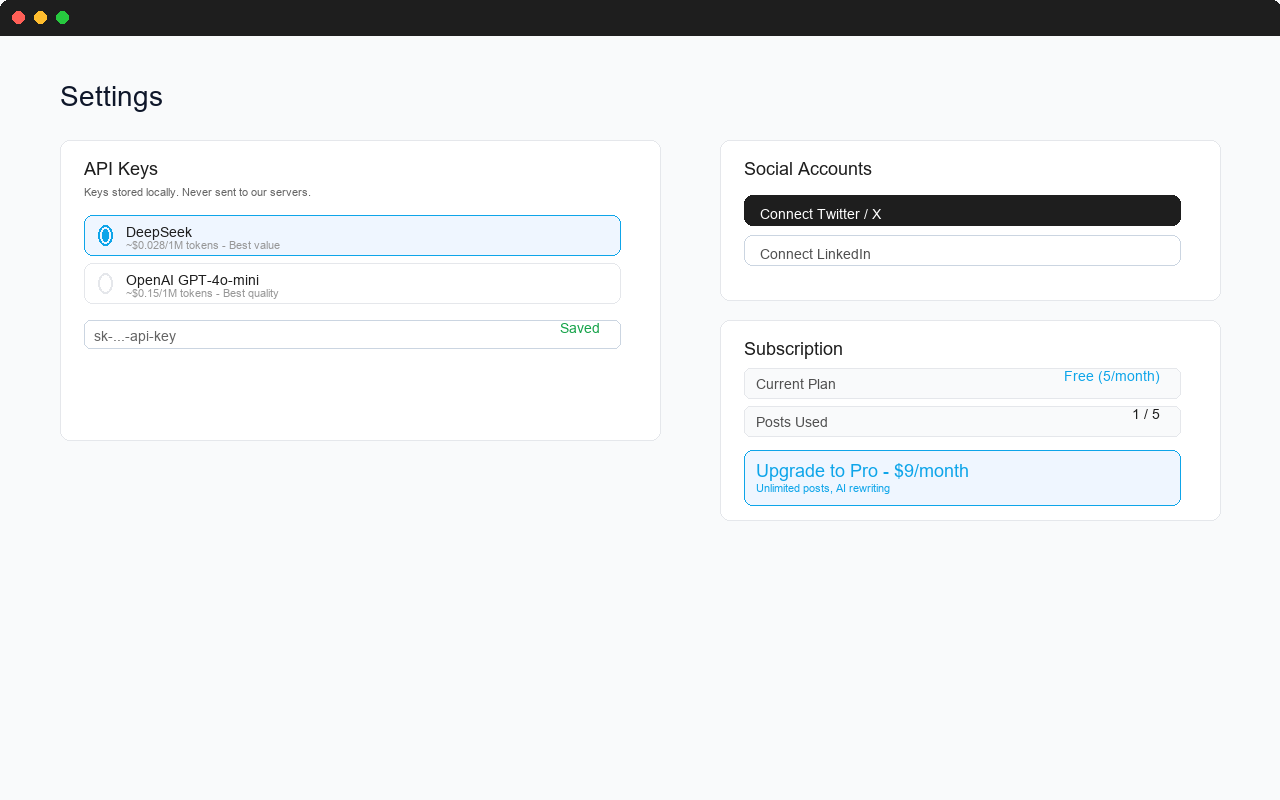 Settings page for API keys and social accounts